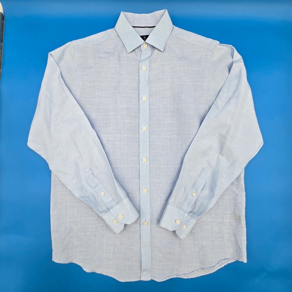 Hart‎ Schaffner Marx Mens Light Blue Linen Cotton Button Down Shirt Medium L/S